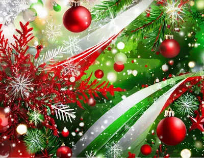 Festive Christmas Background With Red Ornaments And Snowflakes