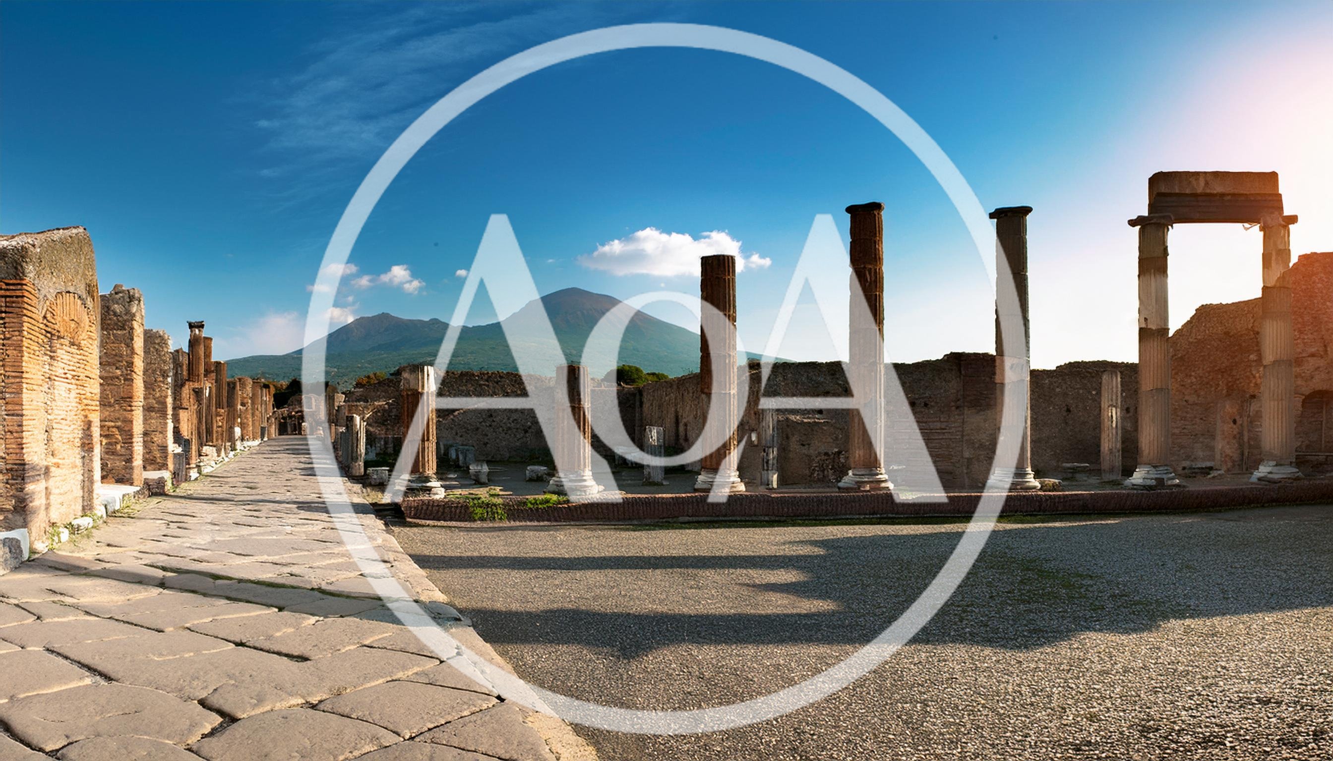 Ancient Roman Ruins Of Pompeii With Mount Vesuvius Background