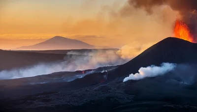 Volcanic Eruption With Lava Fountain And Smoke Plume