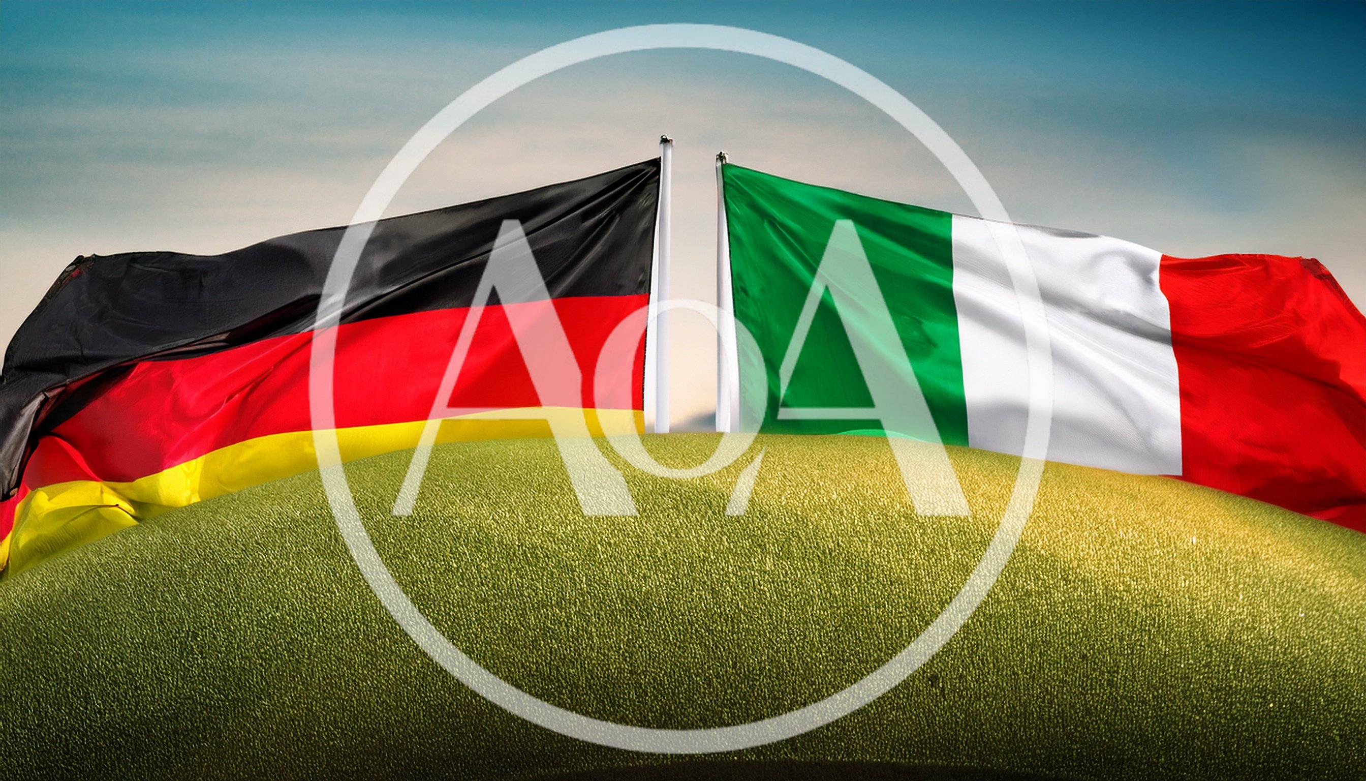 German and Italian Flags Waving Over Green Hill