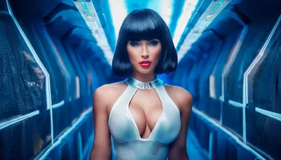 Futuristic Woman With Bob Haircut In Sci-Fi Corridor