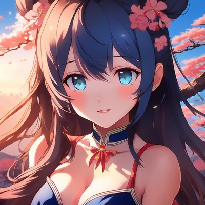 Anime Girl Portrait With Cherry Blossoms At Sunset