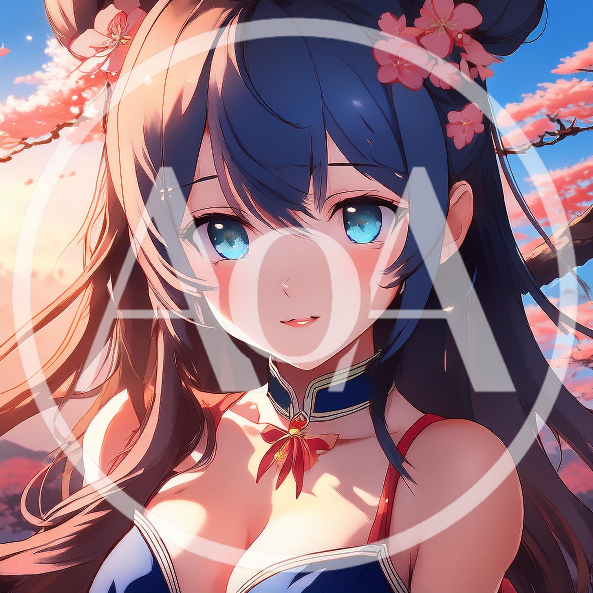 Anime Girl Portrait With Cherry Blossoms At Sunset