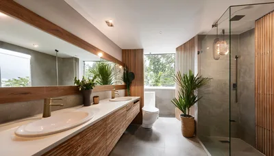 Modern Bathroom Interior With Wooden Accents And Plants