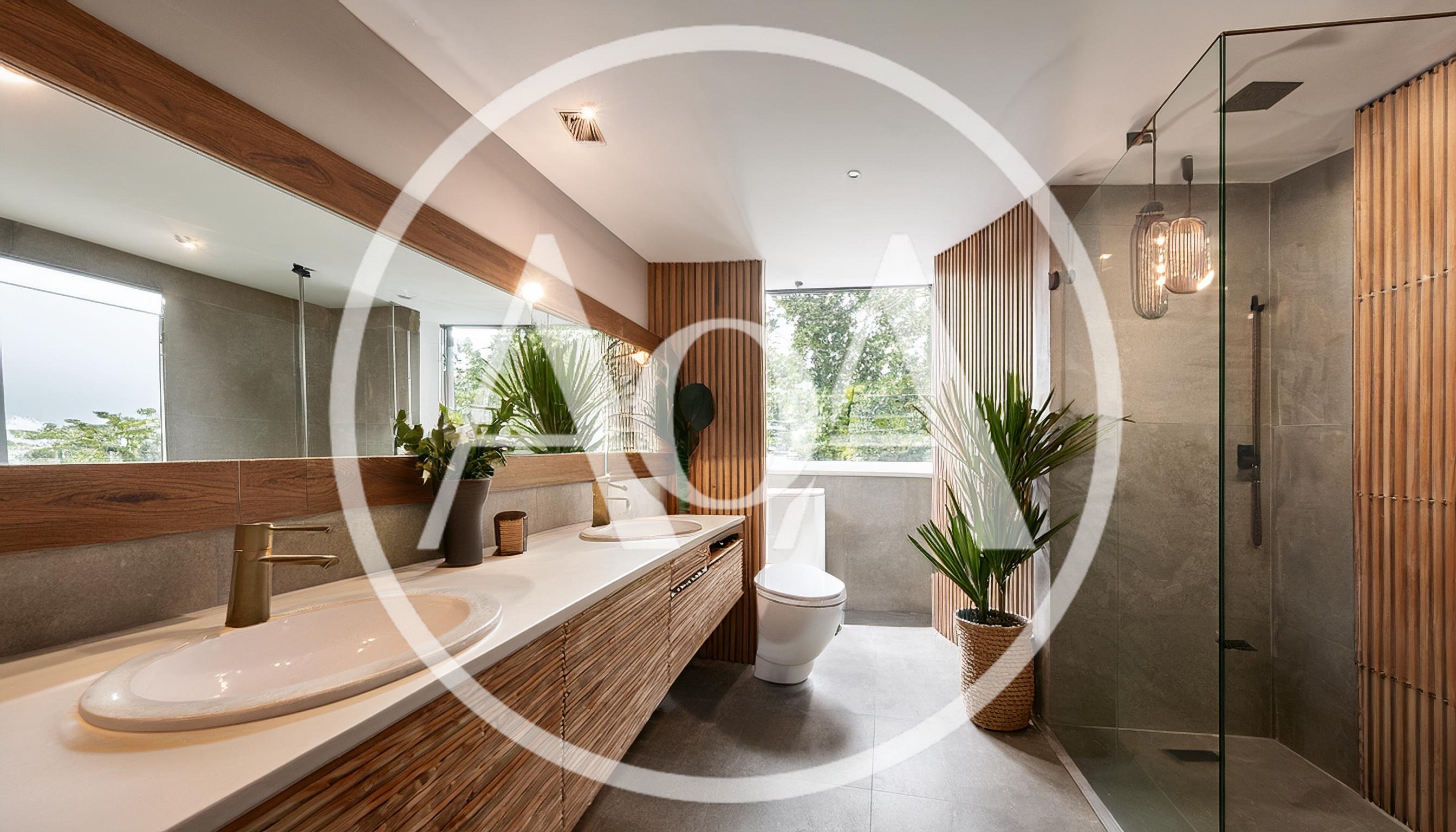 Modern Bathroom Interior With Wooden Accents And Plants