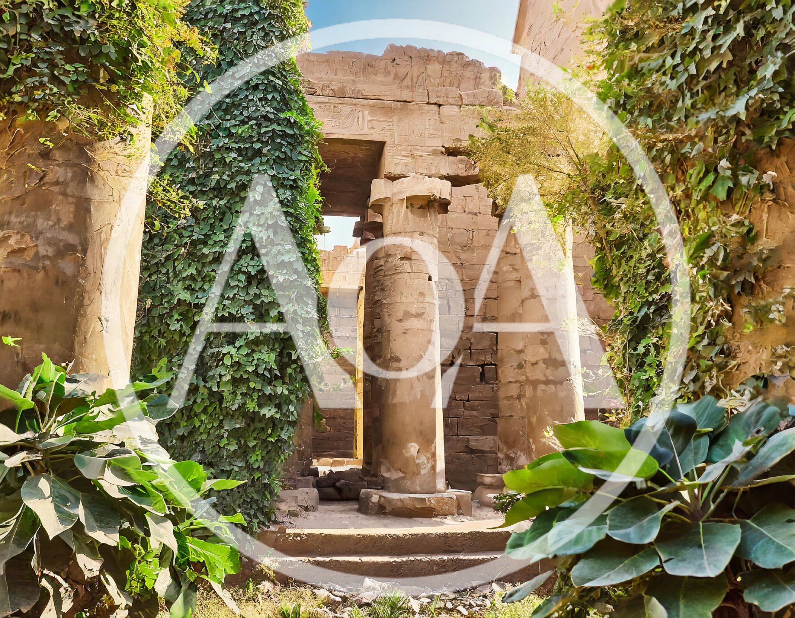 Ancient Egyptian Temple Ruins With Lush Green Vegetation