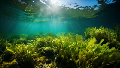 Underwater View Of Vibrant Green Seaweed Forest