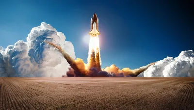 Space Shuttle Launching Over A Golden Wheat Field