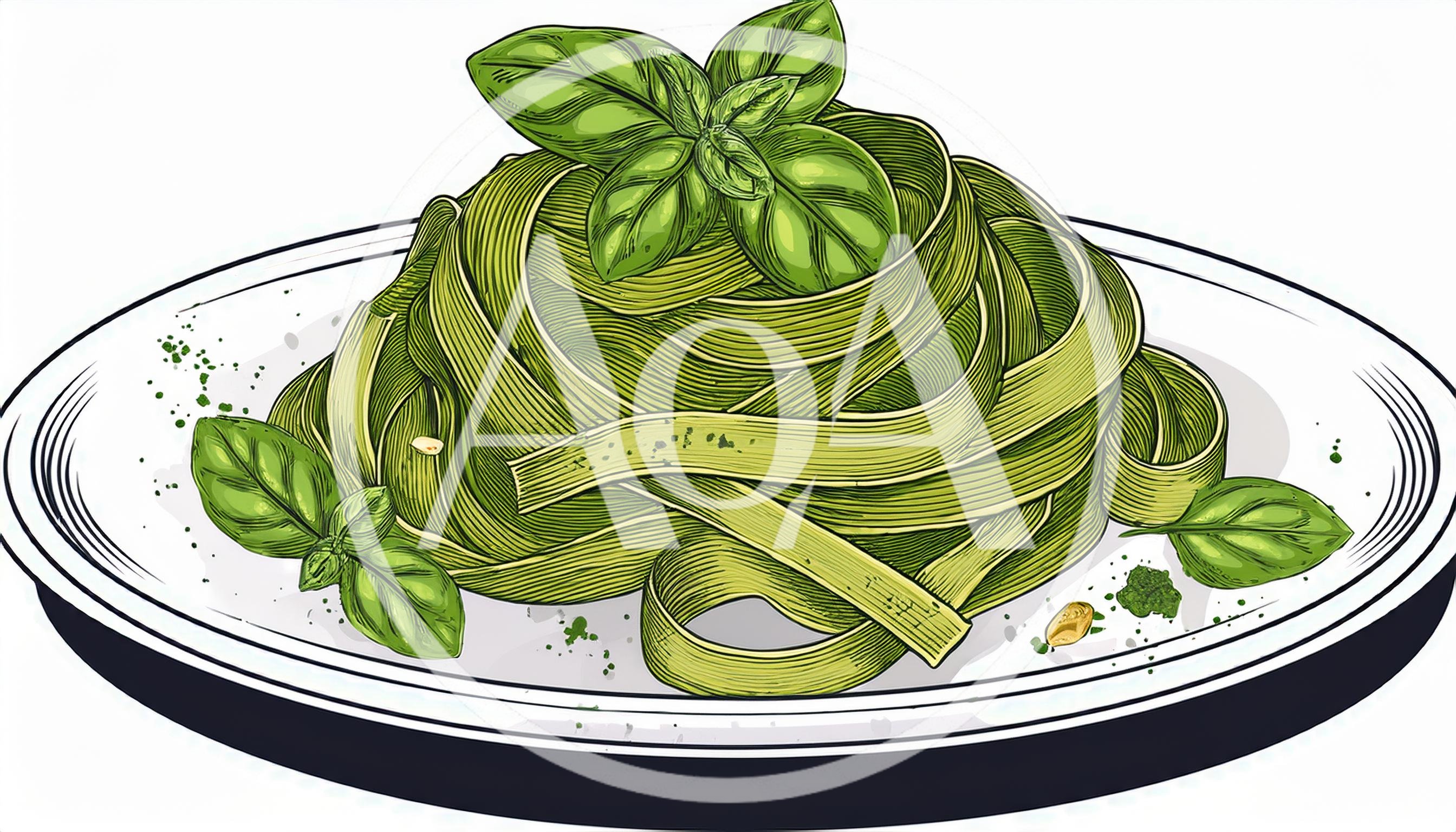Hand Drawn Illustration Of Green Pesto Pasta