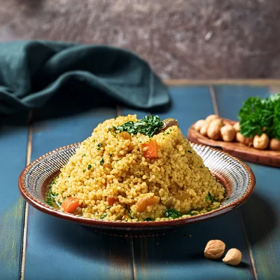 Couscous Salad With Vegetables And Nuts On A Plate