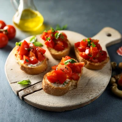 Fresh Tomato Bruschetta Appetizers on Wooden Board