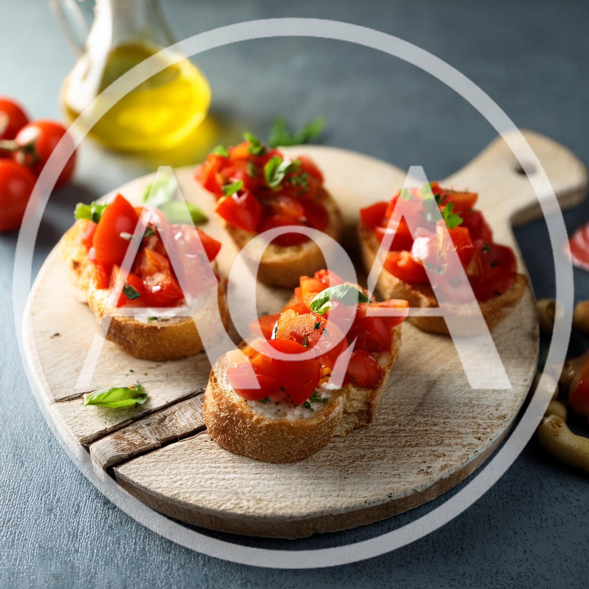 Fresh Tomato Bruschetta Appetizers on Wooden Board