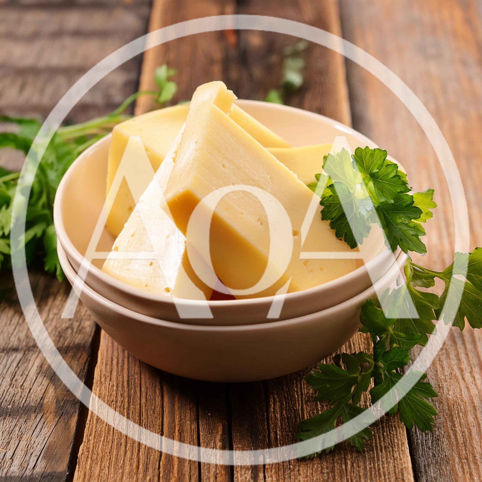 Chunks Of Yellow Cheese In A Ceramic Bowl