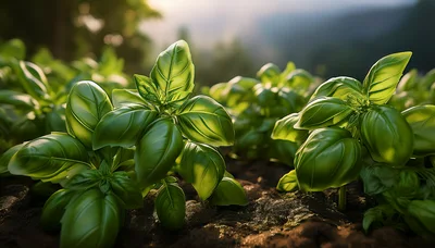 Fresh Green Basil Plants Growing In Garden Soil