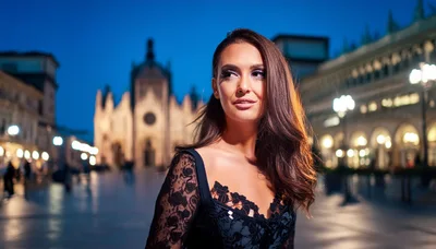 Elegant Woman Posing In Front Of Milan Cathedral