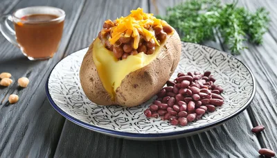 Baked Potato Topped With Beans And Shredded Cheese