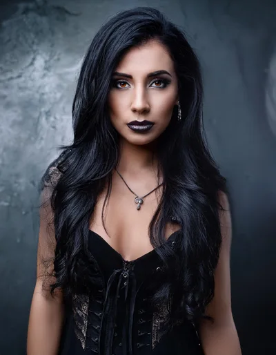 Gothic Woman With Long Black Hair And Dark Makeup
