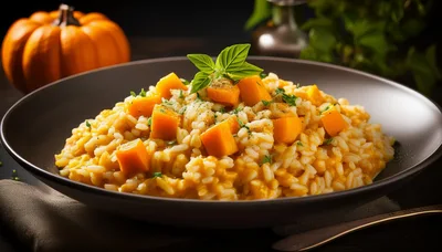 Creamy Pumpkin Risotto Served in a Dark Bowl