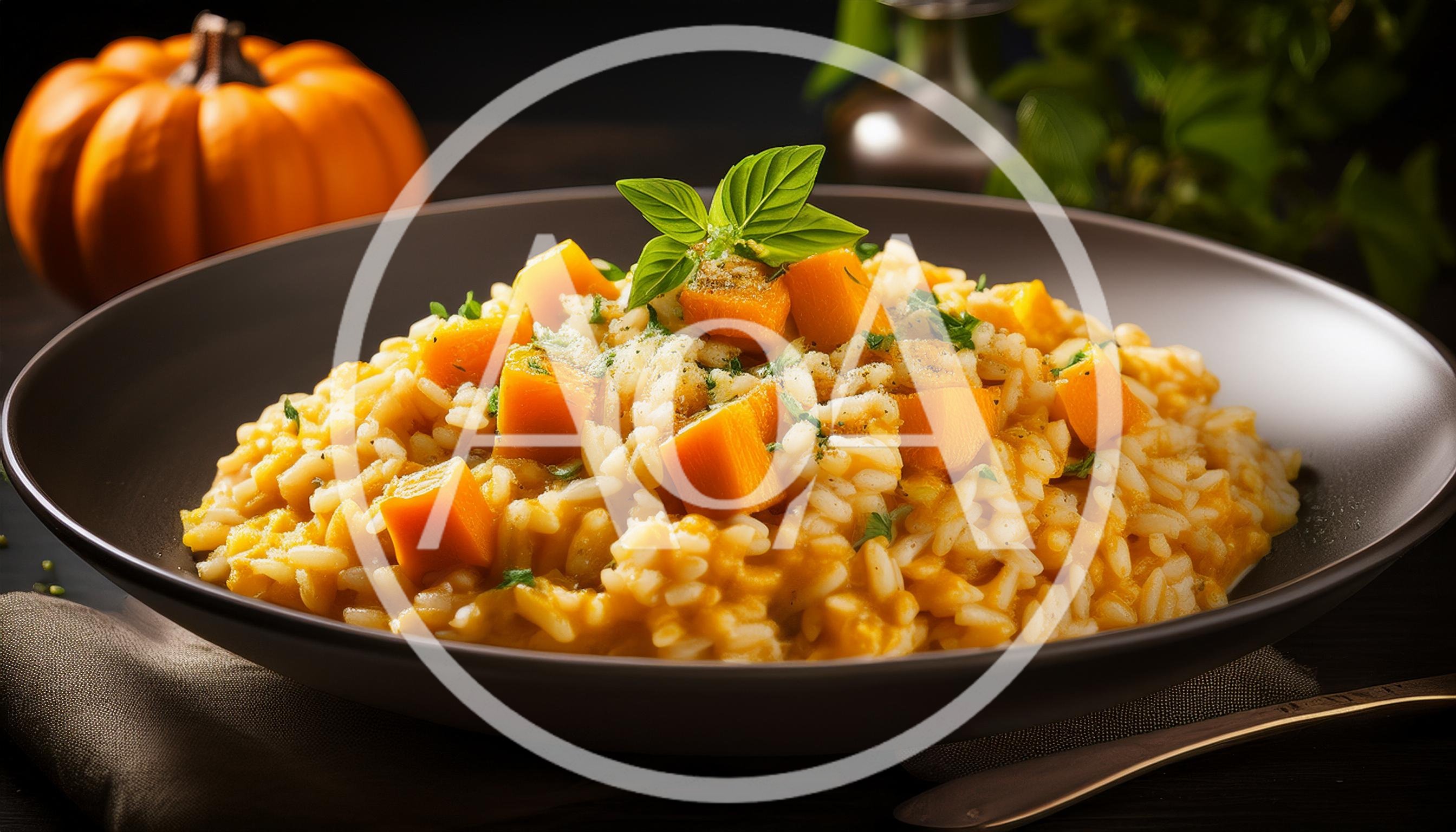Creamy Pumpkin Risotto Served in a Dark Bowl