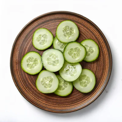 Fresh Cucumber Slices Arranged On A Rustic Ceramic Plate