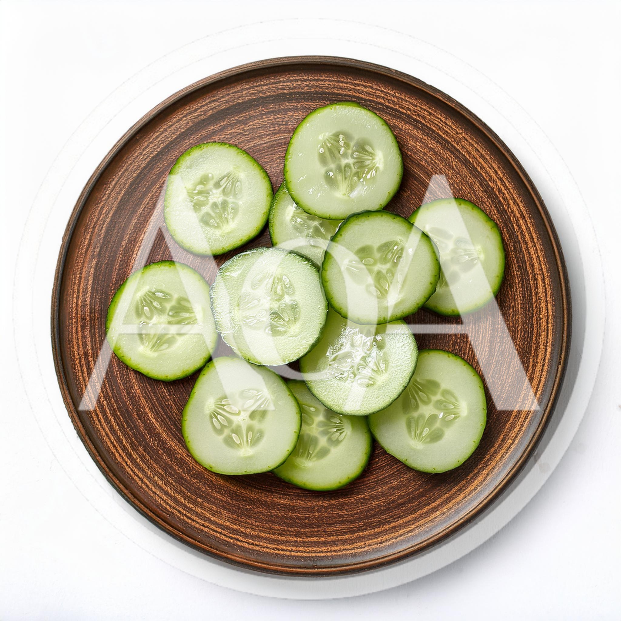 Fresh Cucumber Slices Arranged On A Rustic Ceramic Plate