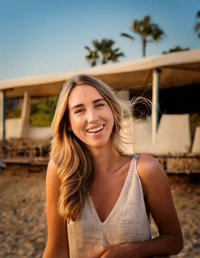 Smiling Young Woman Standing On A Sunny Beach