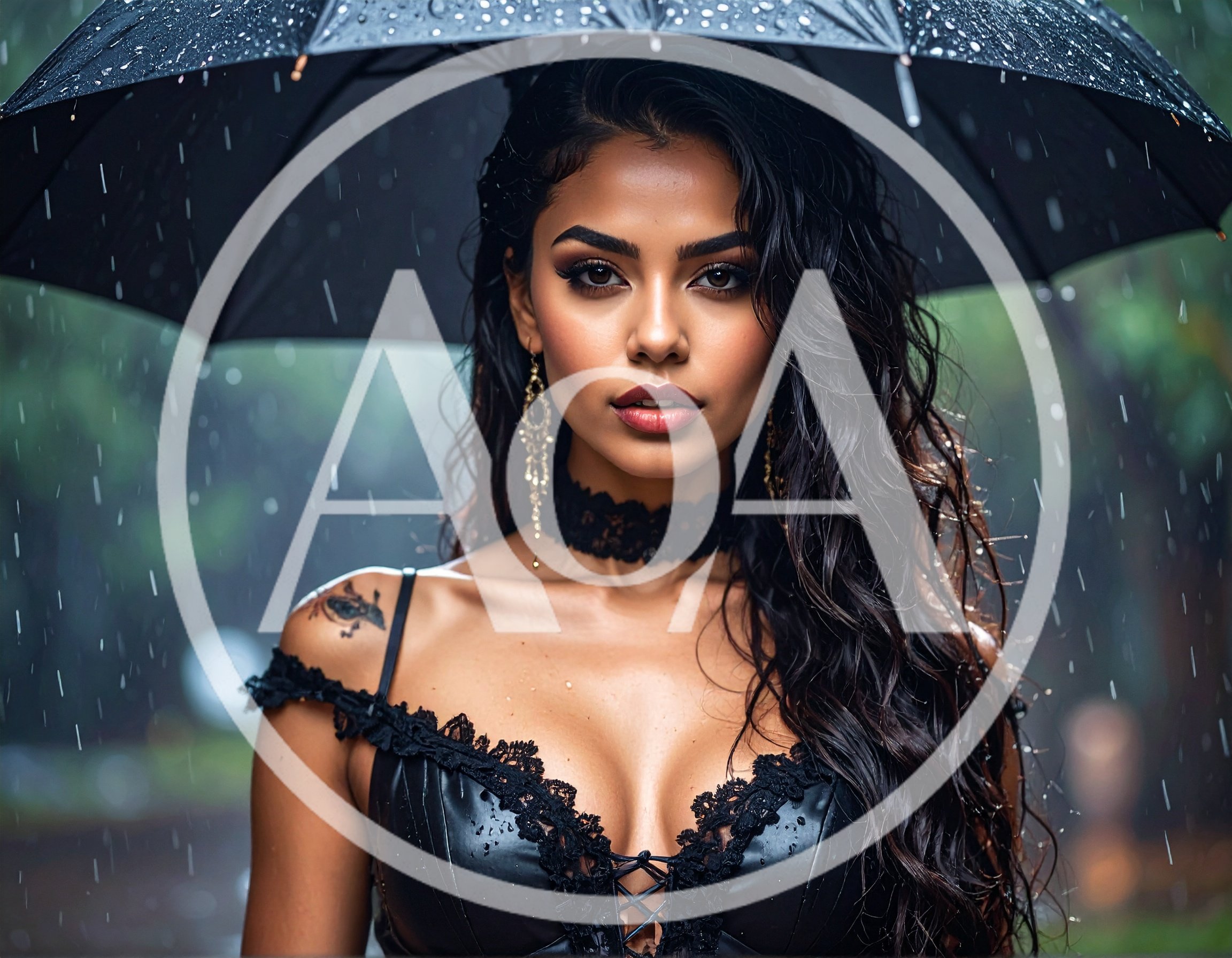 Portrait Of A Beautiful Woman Under An Umbrella In Rain