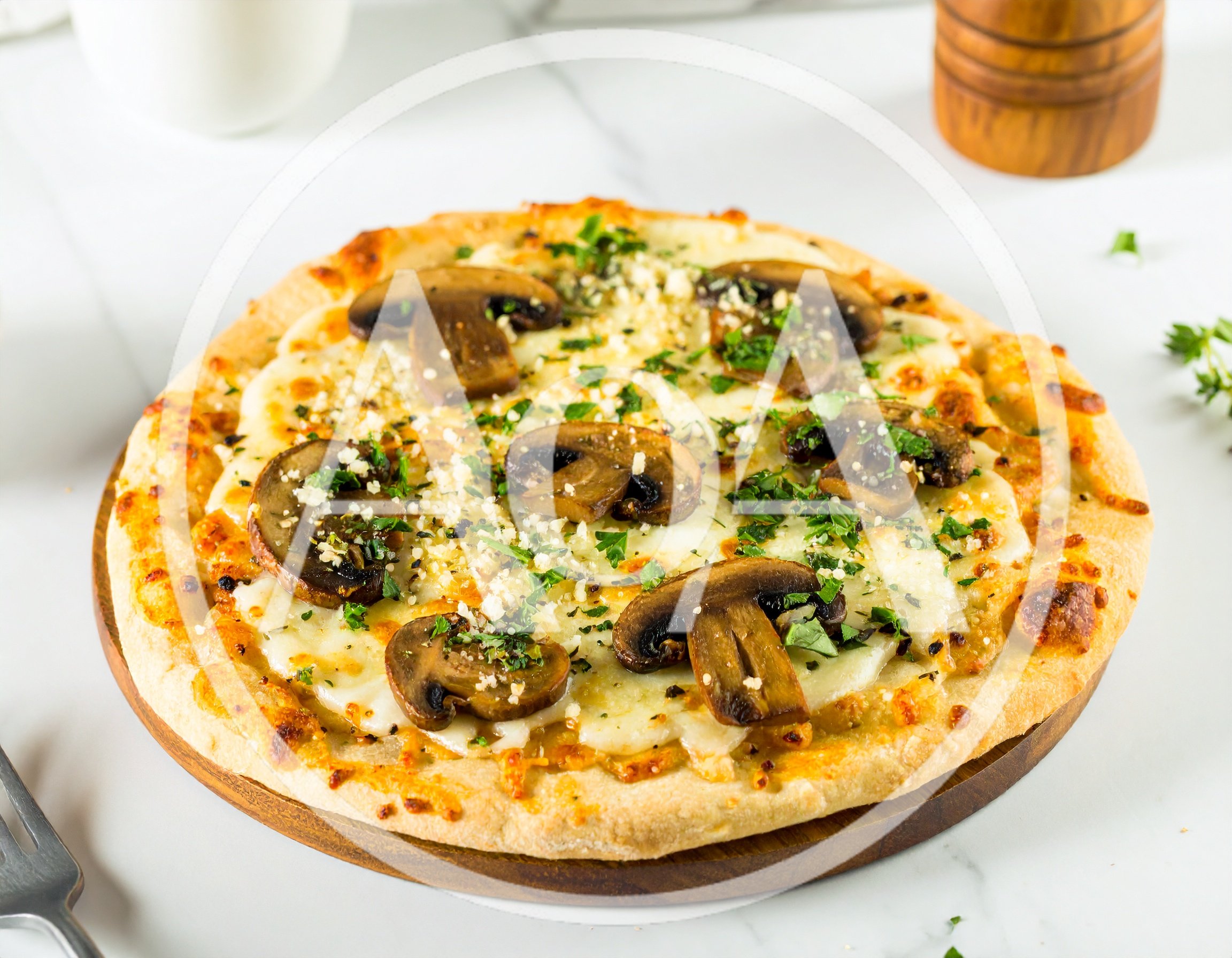 Freshly Baked Mushroom Pizza On A Wooden Board