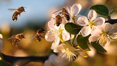 Honey Bees Pollinating White Apple Blossoms in Spring