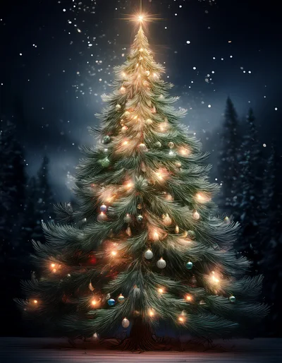 Illuminated Christmas Tree In A Snowy Forest