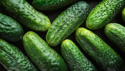 Fresh Green Cucumbers Arranged On Dark Background