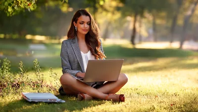 Businesswoman Working On Laptop In A Sunny Park