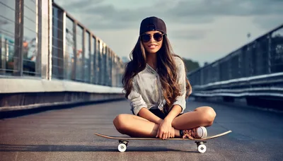 Young Woman Sitting On A Skateboard Outdoors