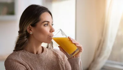 Young Woman Drinking Fresh Orange Juice At Home
