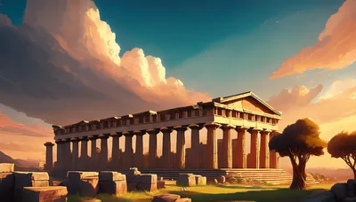 Ancient Greek Temple Ruins At Sunset