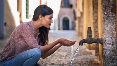 Young Woman Cupping Hands Under Outdoor Water Fountain