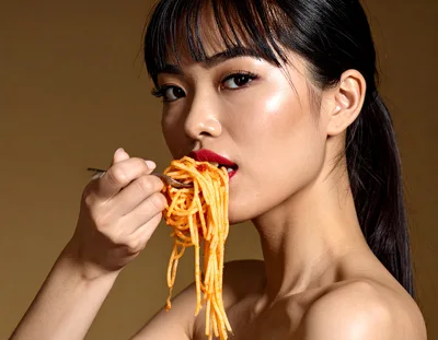 Young Asian Woman Eating Spaghetti With A Fork