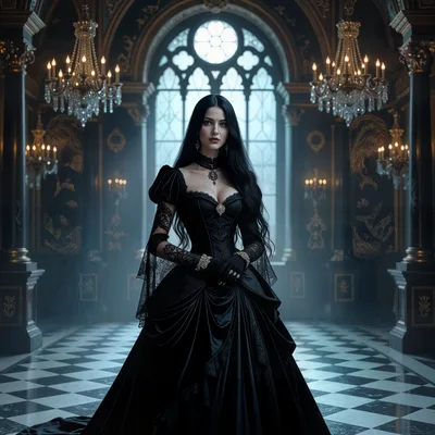 Gothic Woman in Victorian Dress Standing in Grand Hall