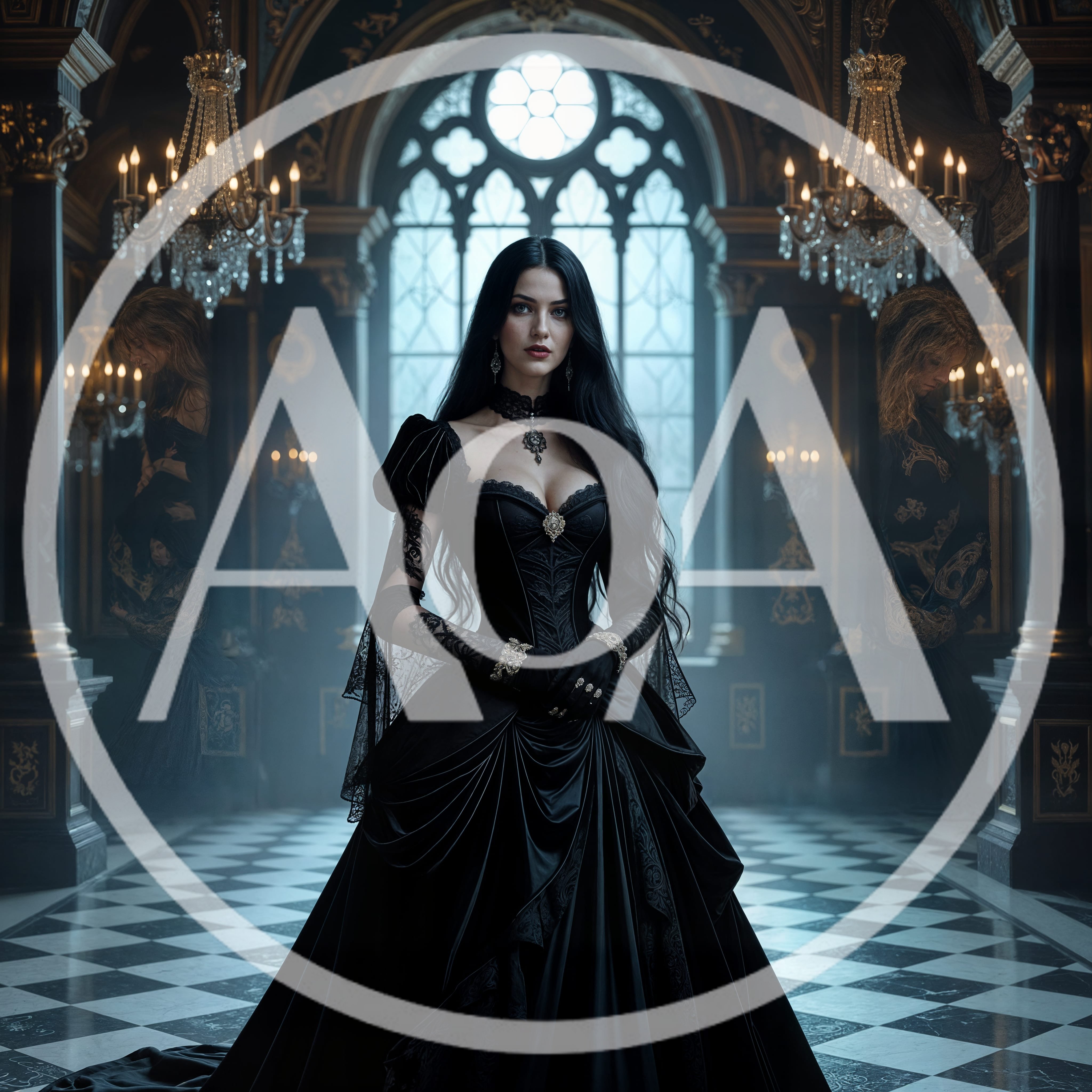 Gothic Woman in Victorian Dress Standing in Grand Hall