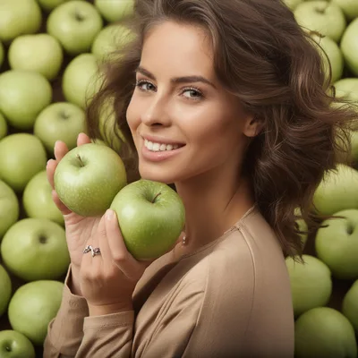 Smiling Woman Holding Two Fresh Green Apples