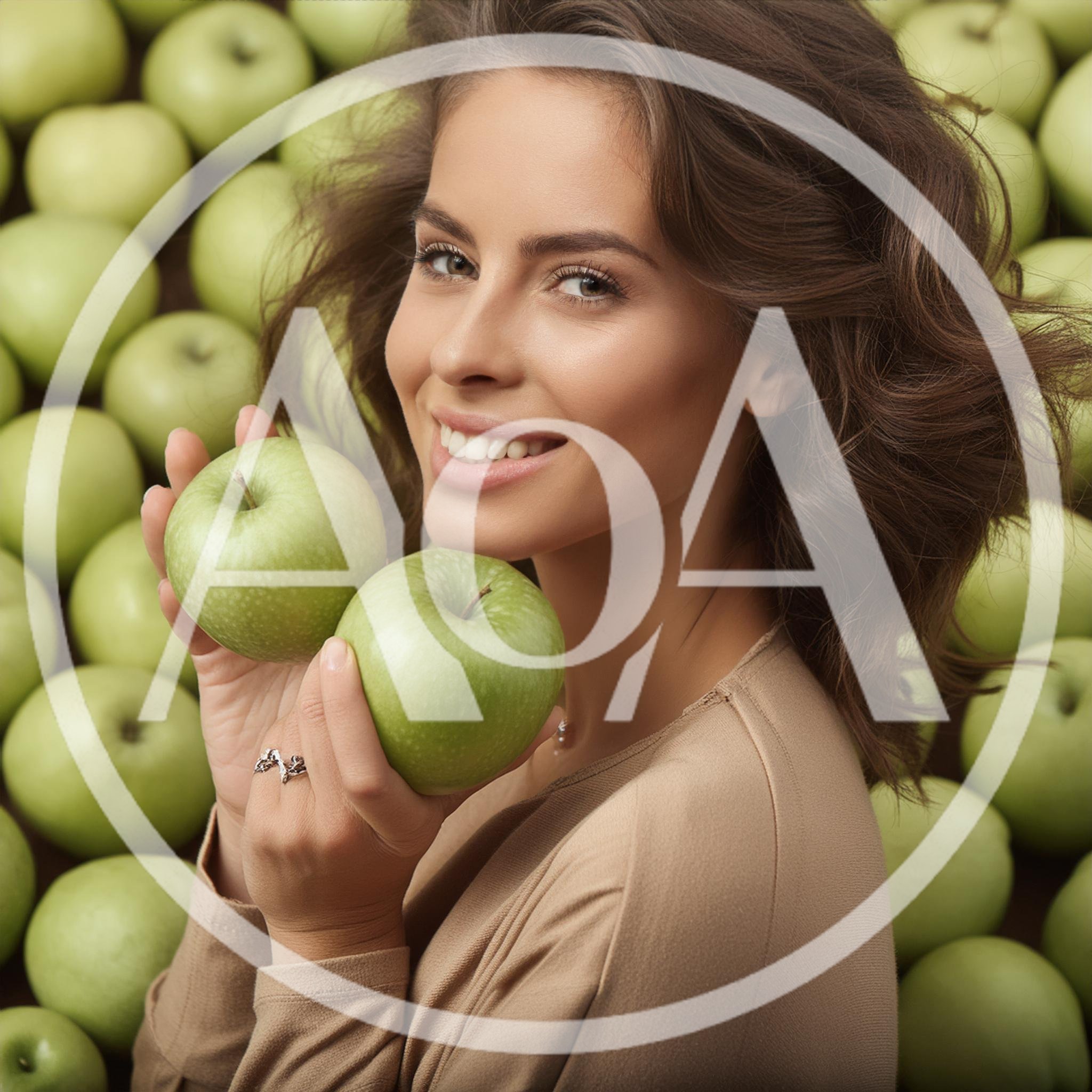 Smiling Woman Holding Two Fresh Green Apples