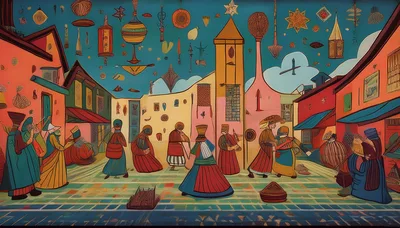 Surreal Folk Art Illustration Of A Busy Town Square