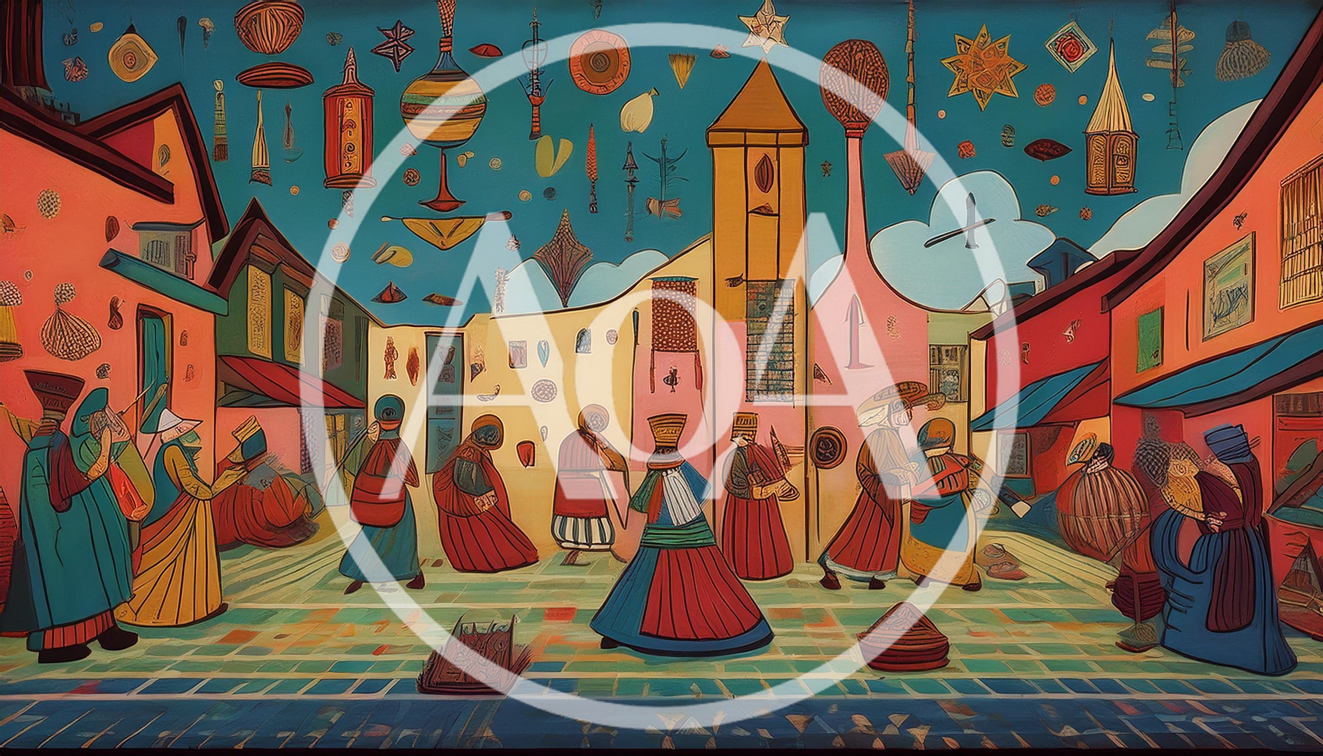 Surreal Folk Art Illustration Of A Busy Town Square