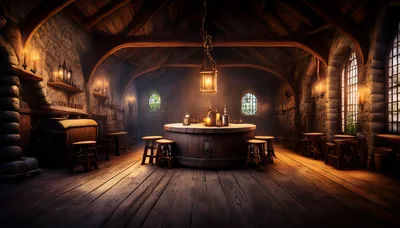 Interior Of A Rustic Medieval Tavern With Wooden Furniture
