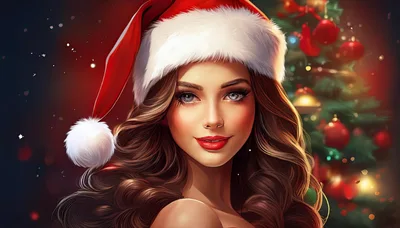 Beautiful Woman Wearing Santa Hat Near Christmas Tree