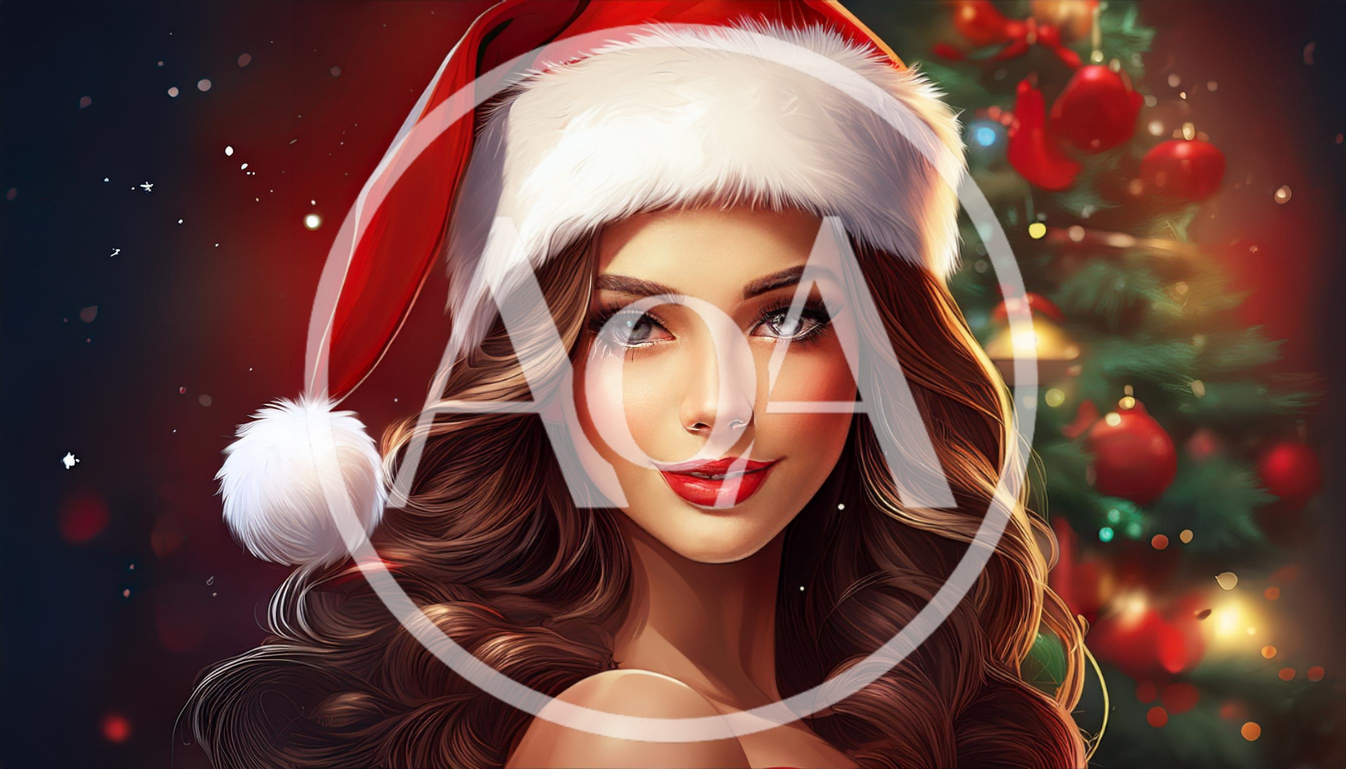 Beautiful Woman Wearing Santa Hat Near Christmas Tree