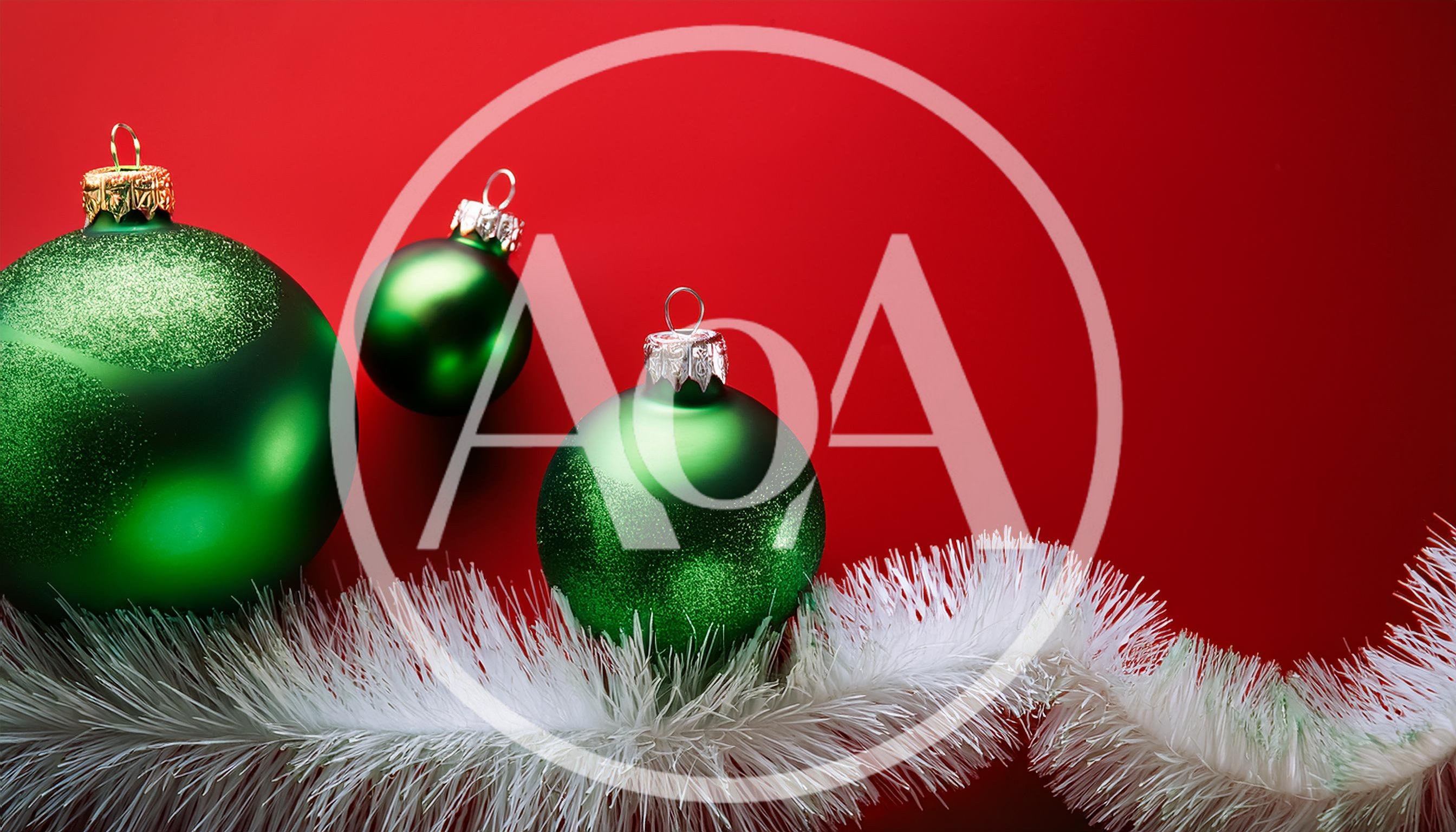 Green Christmas Ornaments With White Tinsel On Red Background