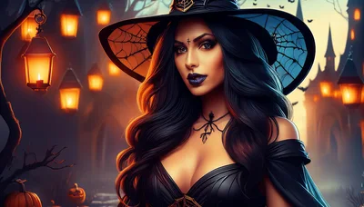 Beautiful Witch With Long Dark Hair In Halloween Setting