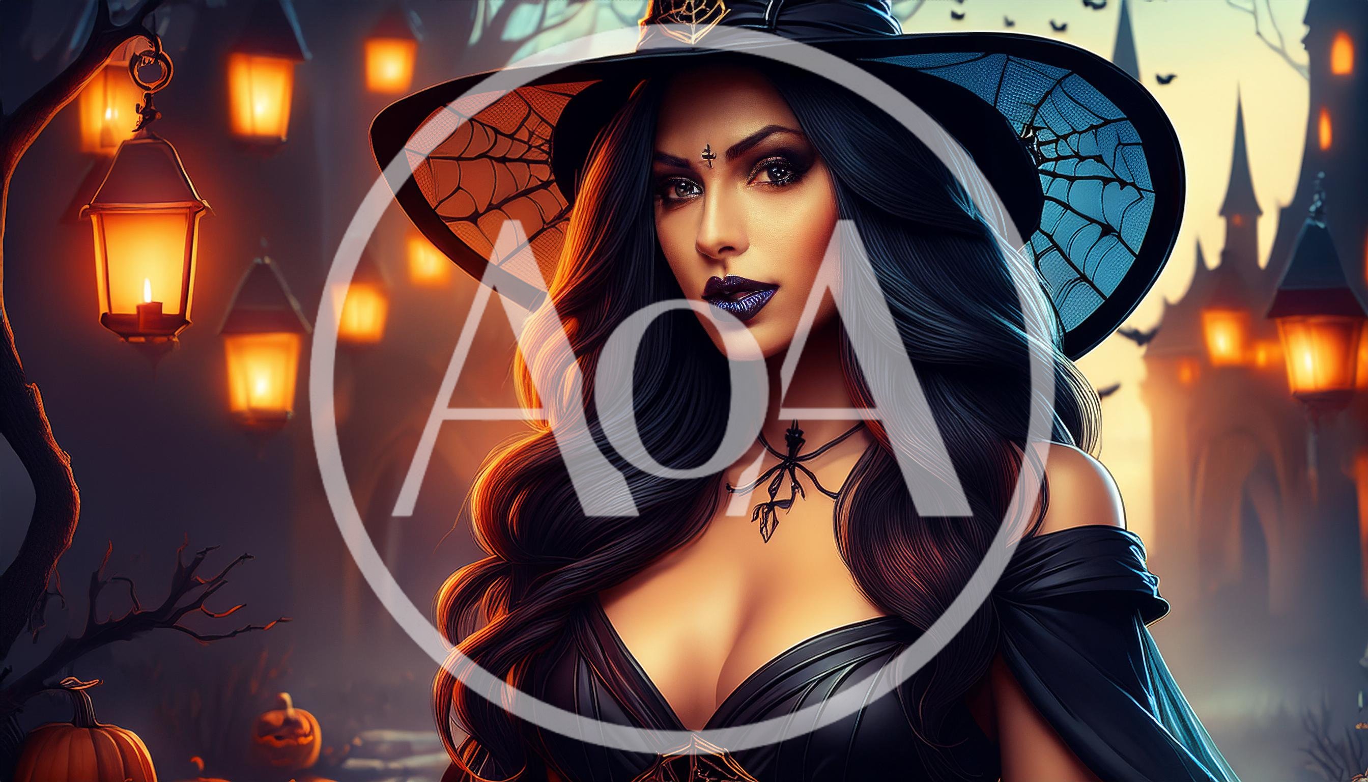 Beautiful Witch With Long Dark Hair In Halloween Setting