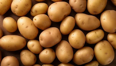 Fresh Raw Potatoes Scattered On Wooden Surface